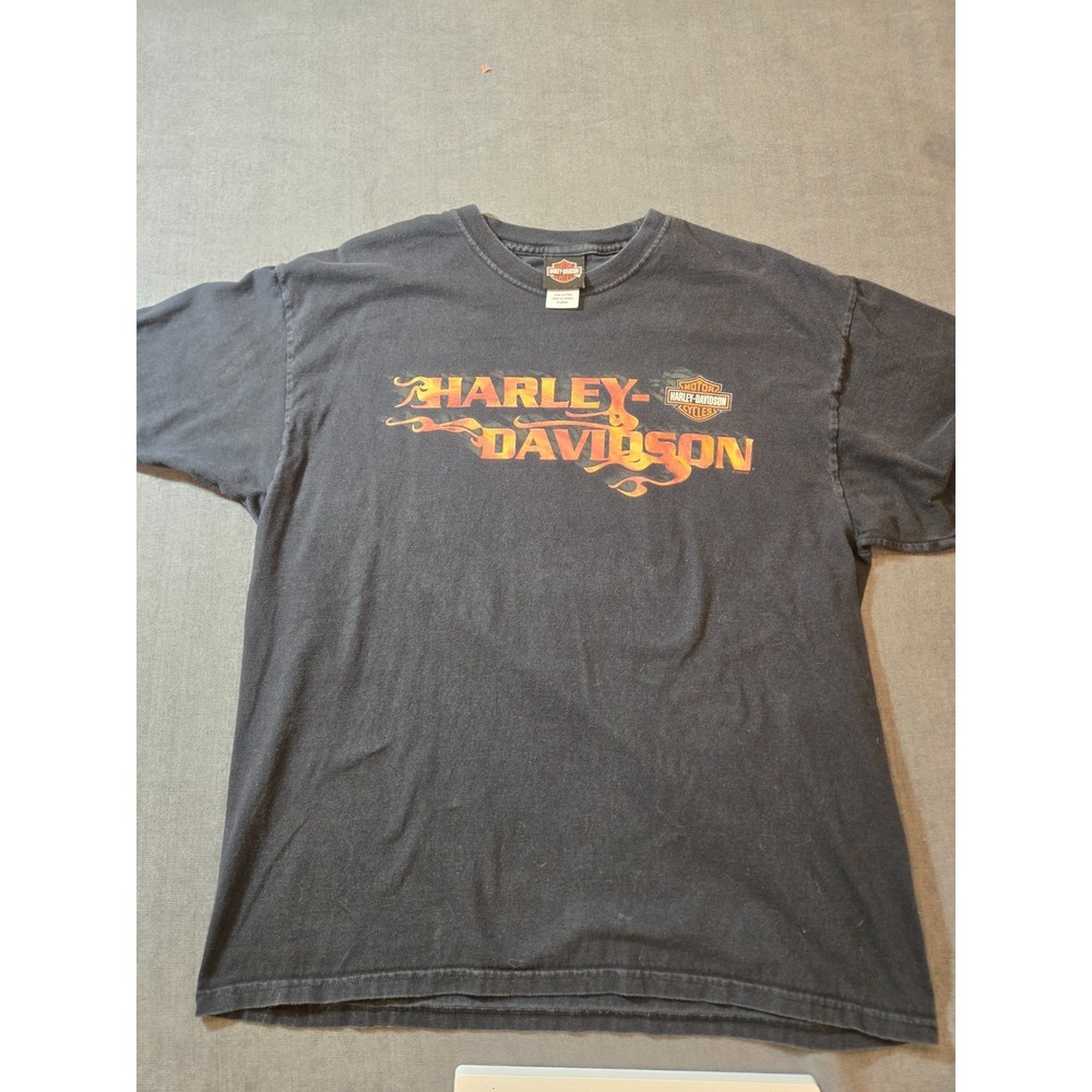 Vintage Y2K Harley Davidson T-Shirt Y2K Flame Graphic Made In USA Faded Black
